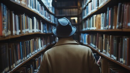 A detective in a crowded library searching for a book. Featuring determination and focus