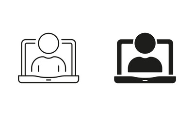 Online Video Conference. Person in Laptop Line and Silhouette Icon Set. Computer User, Business Network Pictogram. Remote Employee Symbol. Editable Stroke. Isolated Vector Illustration