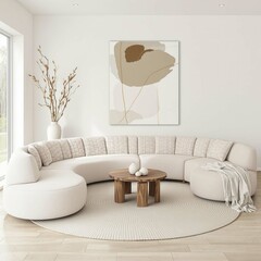 A white couch with a round coffee table in the middle