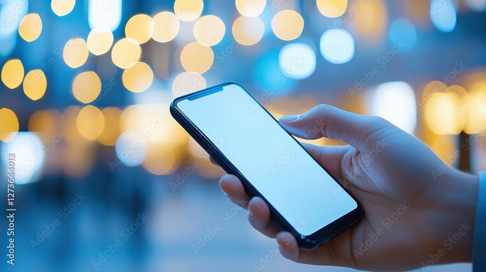 Poster a person holds a smartphone with a blank screen, illuminated by soft bokeh lights in the background,
