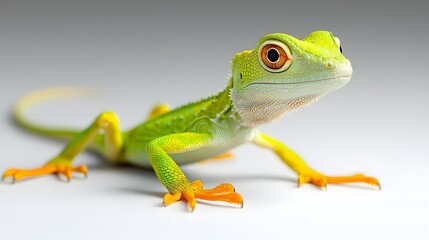 Obraz premium Closeup of a green basilisk lizard mid motion with its long adaptive toes poised and ready to run across the water s surface on a clean white background