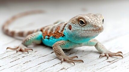 Naklejka premium Closeup of a vibrant Western fence lizard with its bright blue and green scales basking and sunbathing on a clean pure white surface