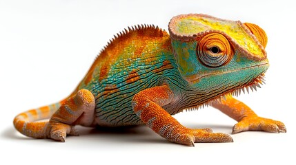 Obraz premium Closeup Photograph of a Colorful Chameleon Reptile Mid Walk with its Curled Tail and Eyes Moving Independently Set Against a Bright White Backdrop for Use as a Image or Nature Photography