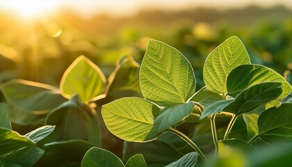 close up of soybean leaves illuminated by sunlight