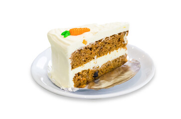 Carrot cake slice on a plate with frosting