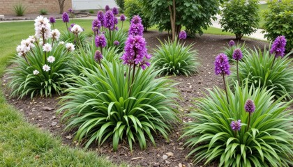 Vibrant Flower Garden with Purple and White Blooms Surrounded by Lush Green Foliage