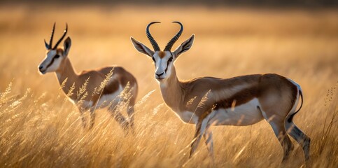 Majestic Springbok Antelopes Golden Hour in the African Savanna