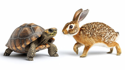 tortoise and rabbit interact playfully in whimsical scene