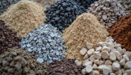 Diverse Textures of Natural Building Materials in Colorful Piles on Display for Construction Projects