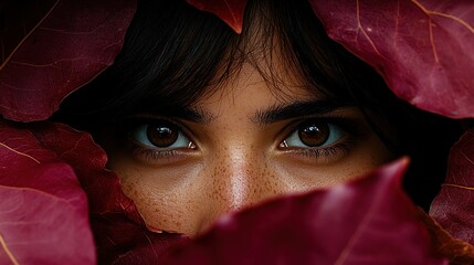Woman's face peeking through crimson leaves. Autumnal beauty