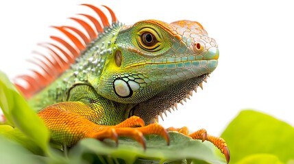 Fototapeta premium Detailed close up portrait of a vivid green iguana standing still showcasing its sharp scales intricate textures and vibrant colors against a clean white studio backdrop