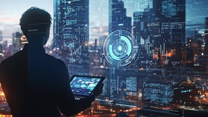 A businessman looking out at a cityscape while engrossed in a digital interface represents the future of technology and work. - Powered by Adobe