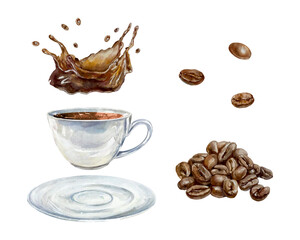 Cup of coffee, beans, splash of drink, watercolor. Hand drawn vector illustration. For postcards, invitations, posters for cozy cafes, large banners for bakeries, labels.