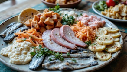 Colorful Gourmet Platter of Fresh Seafood, Vegetables, and Lemon Slices on Rustic Background
