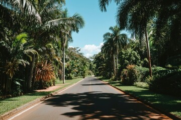 Palm-lined road leading to lush tropical forest under clear blue sky for travel