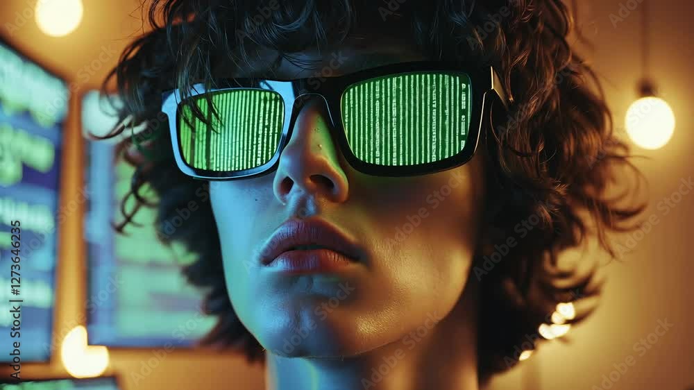 Poster cyberpunk hacker with glowing data reflections in futuristic glasses. cybersecurity, digital espiona