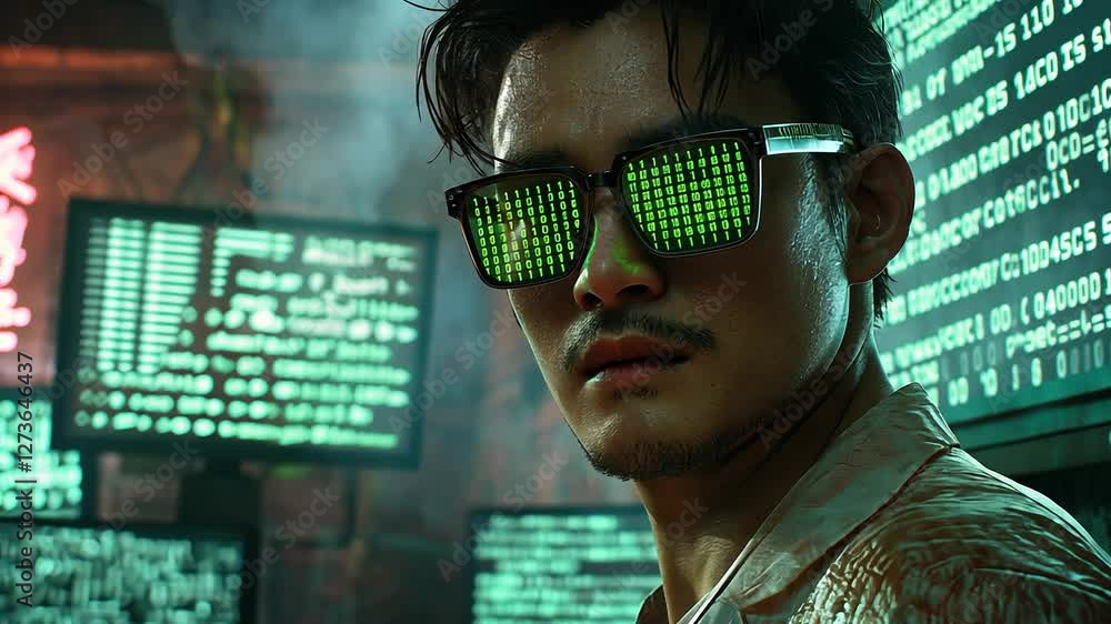 Poster cyberpunk hacker in a dimly lit underground hideout with digital code reflecting in glasses. cyberse