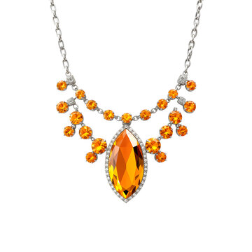 Silver necklace with orange diamonds isolated on transparent background. Silver necklace with amber, topaz, sapphir png. Jewelry and gemstones