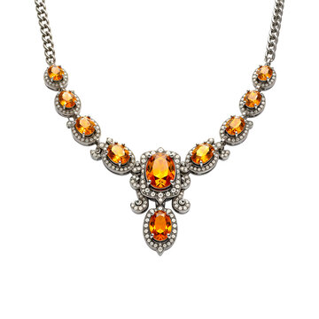 Silver necklace with orange diamonds isolated on transparent background. Silver necklace with amber, topaz, sapphir png. Jewelry and gemstones