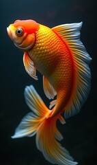 Fototapeta premium A vibrant goldfish gracefully swims against a dark background, showcasing its colorful fins and scales, perfect for aquarist themes or nature-inspired designs.