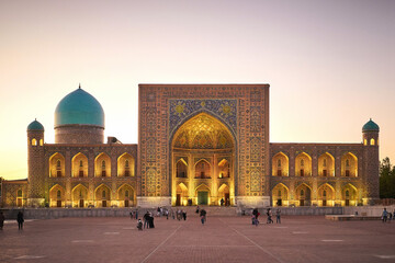 The Tilya Kori Madrasa at Registan square in Samarkand at sunset