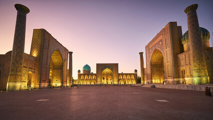 Evening illumination at Registan square in Samarkand