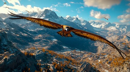 Fototapeta premium Majestic condor with its massive wings spread wide soaring gracefully over rugged snow capped mountain peaks against a breathtaking dramatic natural landscape This awe inspiring