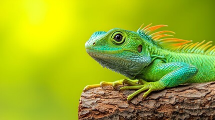Fototapeta premium Majestic Green Chinese Water Dragon Perched on Bark Closeup Portrait of a Vibrant Colorful Reptile with Scaly Skin and a Long Tail in a Natural Setting