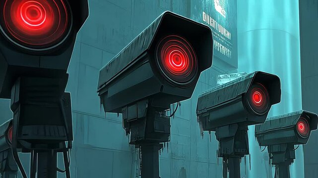 Mass surveillance dystopia with towering AI-powered security cameras. Digital control, authoritarian state, cybersecurity, data privacy, cyberpunk future.