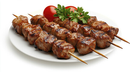 Delicious grilled meat skewers served with fresh tomatoes and parsley
