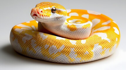 Fototapeta premium Stunning close up photograph of an albino python snake coiled on a plain white background showcasing the reptile s pale yellow and white scales in beautiful contrast