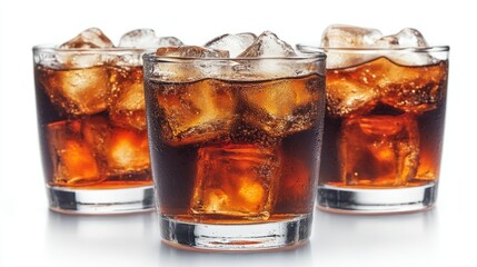 Refreshing Cola Drinks With Ice Cubes On White Background. Summer Beverage For Hot Days.