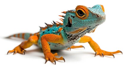 Fototapeta premium Vibrant Basilisk Lizard with Adapted Toes Poised for Movement on White Background Showing the Reptile s Unique Amphibious Abilities and Colorful Patterns