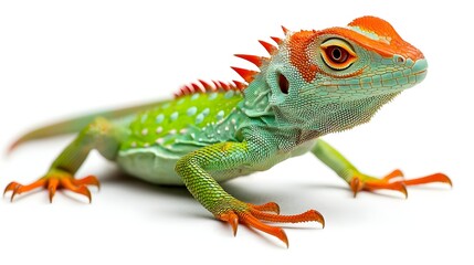 Naklejka premium Vibrant Green Basilisk Lizard Mid Motion with Outstretched Toes and Claws on Clean White Background Concept of Tropical Wildlife and Nature