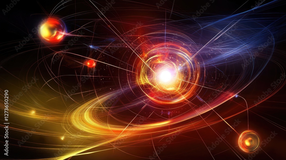 Poster abstract representation of a quantum decoherence process with particles losing coherence and energy 