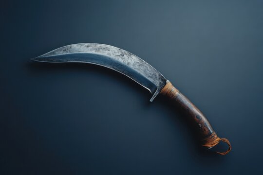 A curved khukuri knife sits on a dark surface