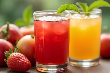 Glasses of fresh juice with strawberries and mint leaves on wooden table