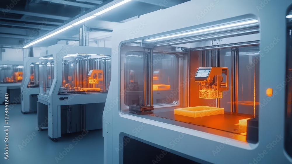Poster a 3d printing factory where advanced machines create complex prototypes and components layer by laye