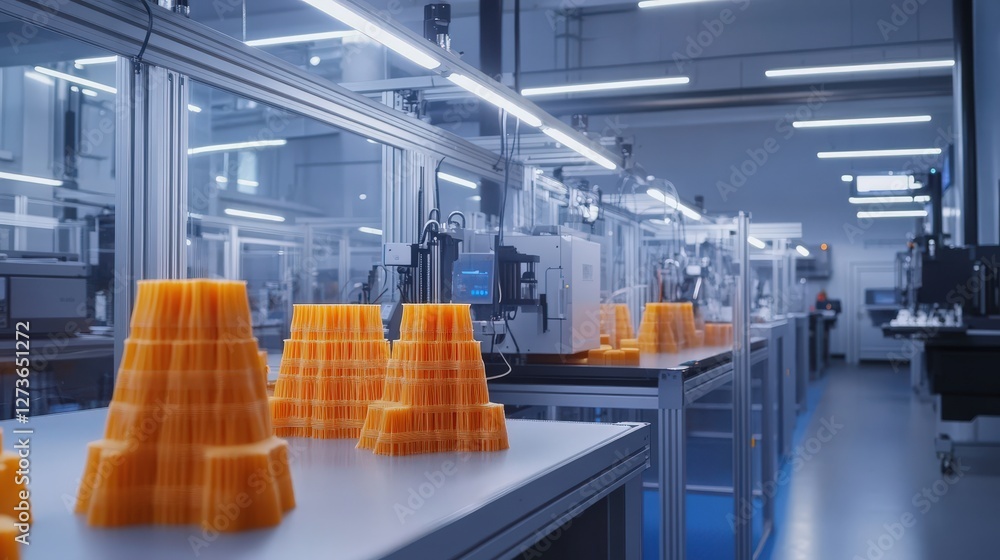 Poster a 3d printing factory where advanced machines create complex prototypes and components layer by laye