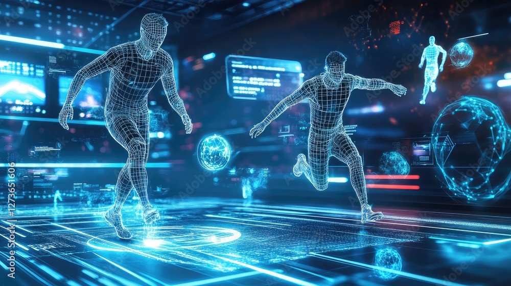 Poster a futuristic sports arena with ai-driven analytics enhancing player performance and audience engagem