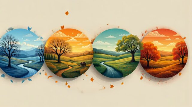  Four circular illustrations depicting the four seasons with trees and landscapes in different colors and styles creating a harmonious and elegant composition