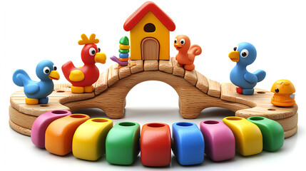 Obraz premium Colorful wooden toy set with cheerful animal figures