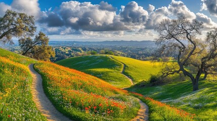 A grassy trail winding up a rolling hillside, dotted with colorful wildflowers under a partly cloudy sky.