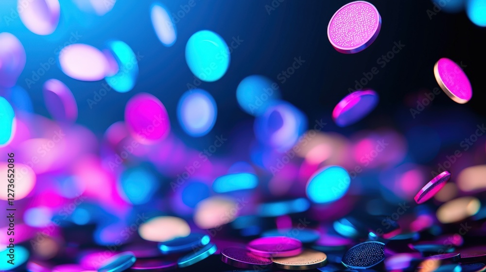 Poster a vibrant display of colorful confetti or sequins scattered against a dark background, creating a fe