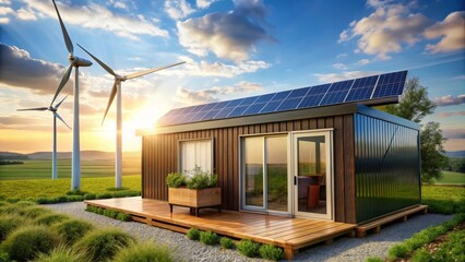 Modern Sustainable Home Eco-Friendly Design with Solar Panels and Wind Turbines in Serene Landscape