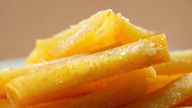 Golden Delights: Captivating close-up shot of golden-brown polenta fries, sprinkled with a touch of salt, inviting a savory indulgence.