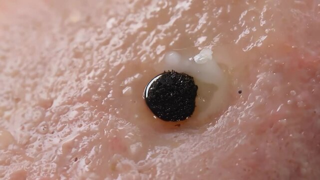 Extreme close-up of a blackhead on human skin with pus and oil secretion. Dermatological skin condition in macro photography. Acne and skincare concept.