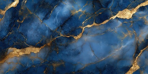 Fototapeta premium A mesmerizing marble surface in deep blue, adorned with horizontal gold veins, showcasing a captivating contrast on its rugged texture