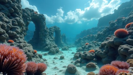 Underwater rocky canyon with pink coral formations and sunlight filtering through	