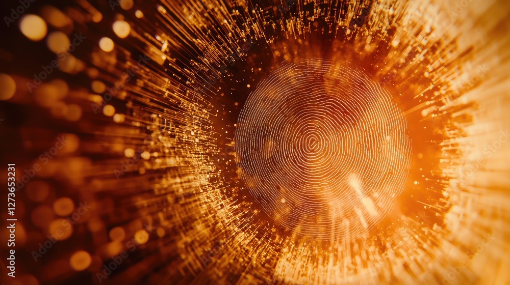 Aufkleber close-up of a biometric security scanner analyzing a fingerprint with holographic effects.